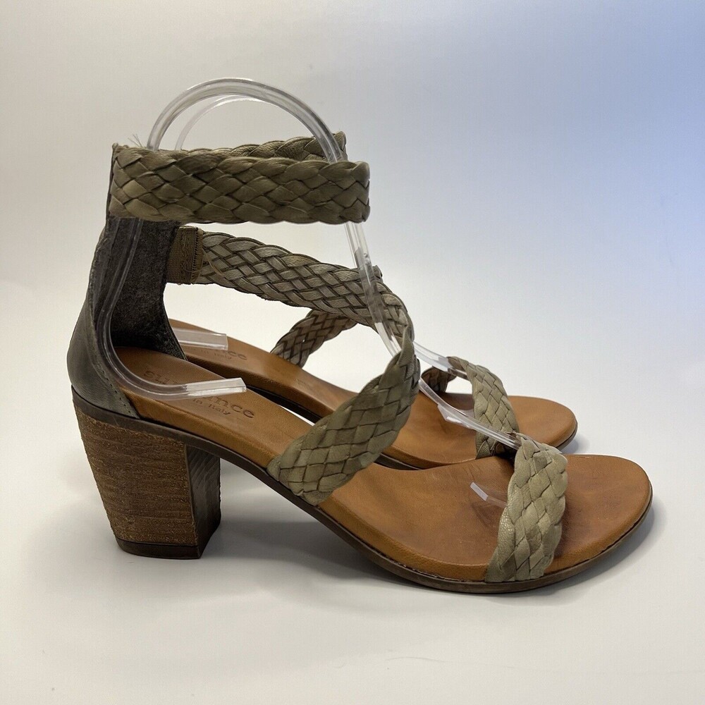Sundance Sandal Women's US 7.5 -8 Green Brown Strappy Woven Leather Heel Shoes - Picture 3 of 16